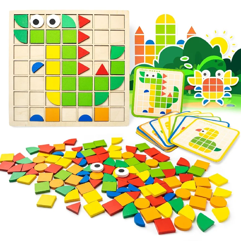 120 Pcs Wooden Puzzle Blocks, Colorful Shape Pattern Montessori Tangram Edu