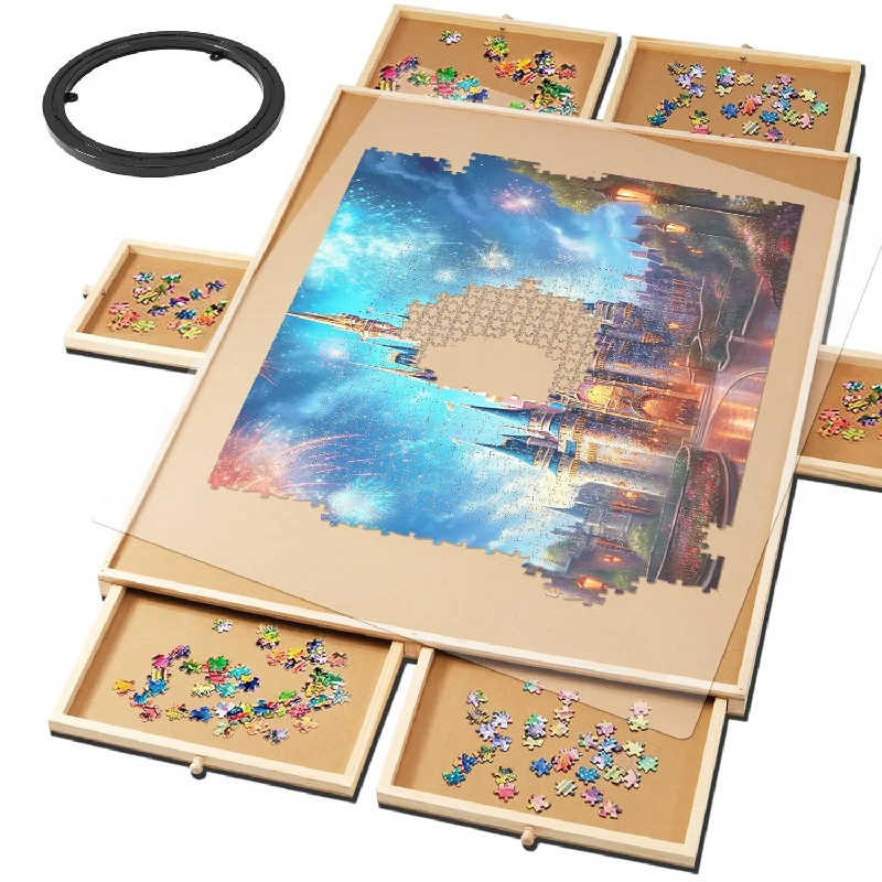 1500 Piece Wooden Puzzle Table Rotating Puzzle Board With 6 Drawers And Cover