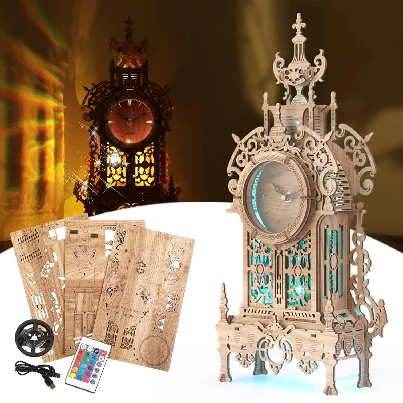 3D Wood Puzzle Led Tower Clock Model, 3D Puzzle Building Model Desktop Cloc