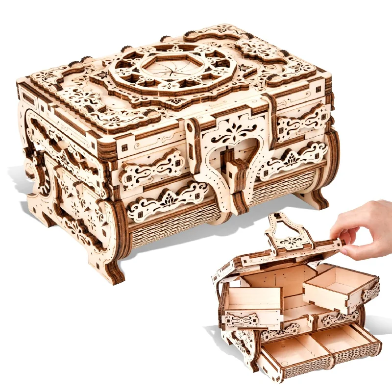 3D Wooden Puzzle Mechanical Treasure Box, Wood Creative Assembly Model Buil