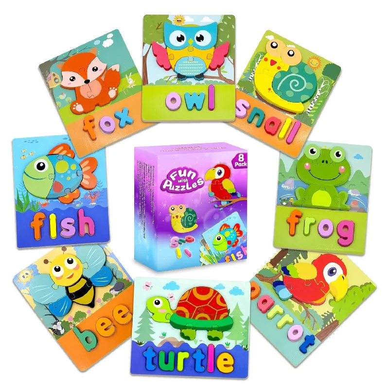 Animal Wooden Puzzles With Letters Spelling, Montessori Toys For Toddlers 1 3,