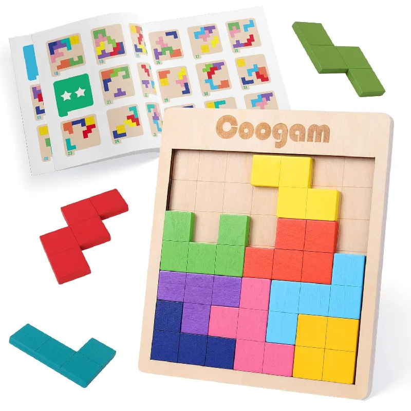 Coogam Wooden Puzzle Pattern Blocks Brain Teasers Game with 60 Challenges,