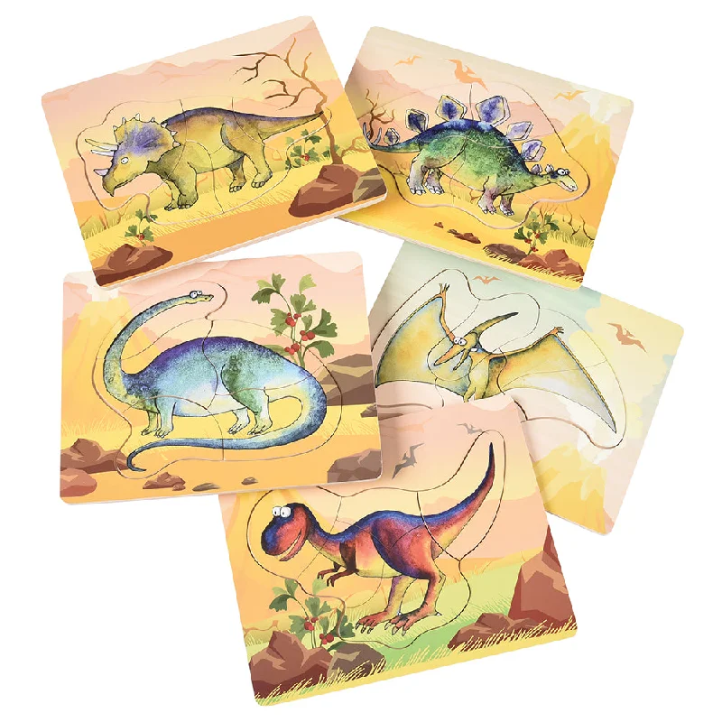 Dinosaur Friends Wooden Puzzles | Set of 5 with Easy-Grasp Raised Pieces