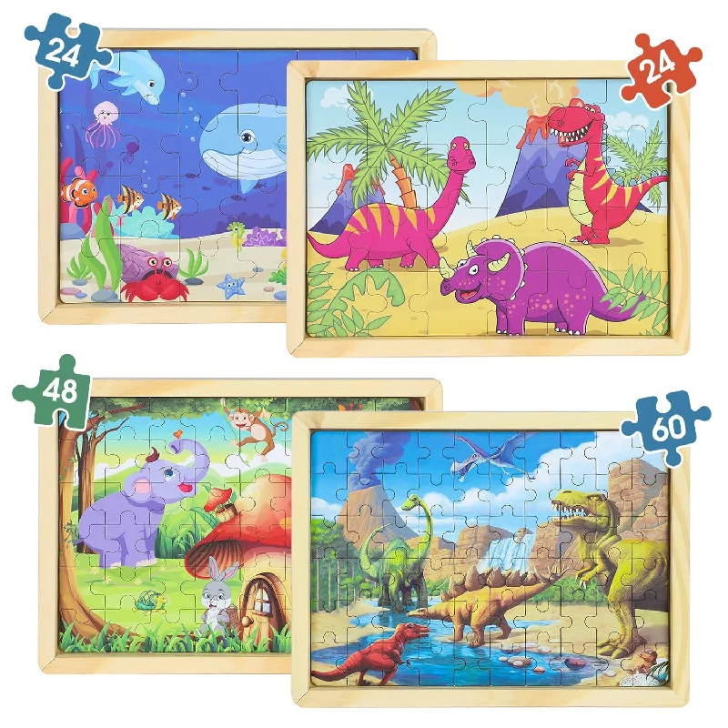 Dinosaur Wooden Puzzles For Kids:4 Packs 24 48 60 Pcs Animal Wooden Jigsaw