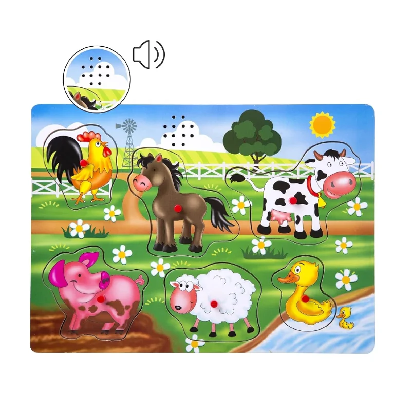 Farm Animals Sound Puzzle, Wooden Peg Puzzles With Sound For Toddlers And Pres