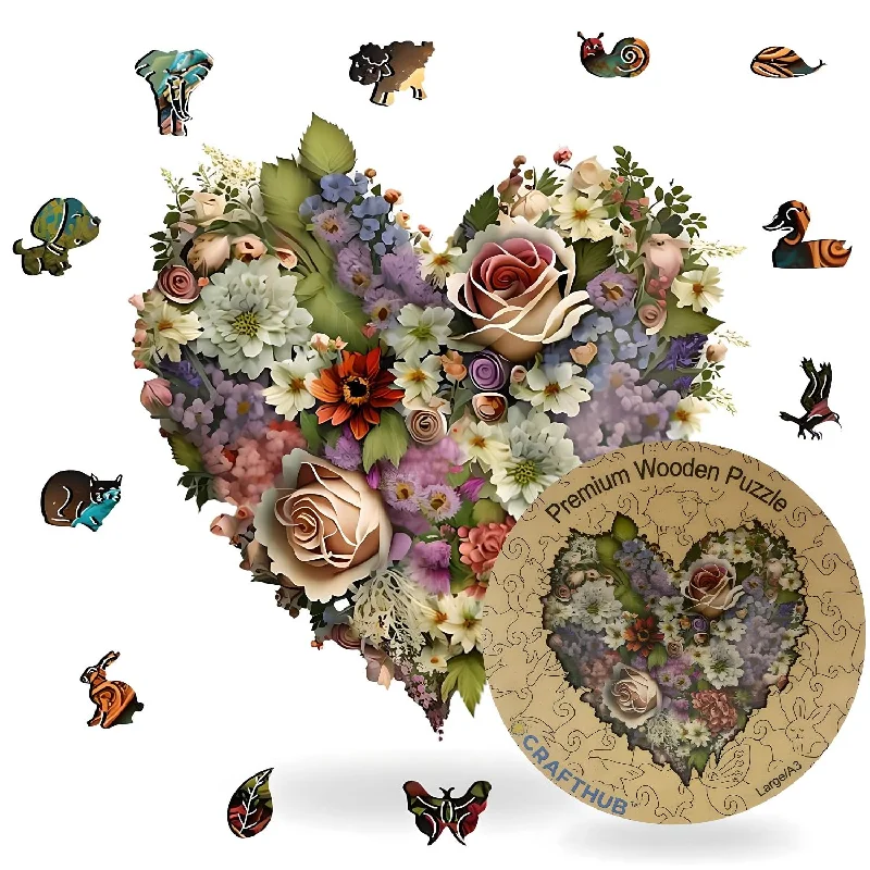 Flowers Wooden Puzzles For Adults A3 Blooming Heart With 128 Pieces Jigsaw