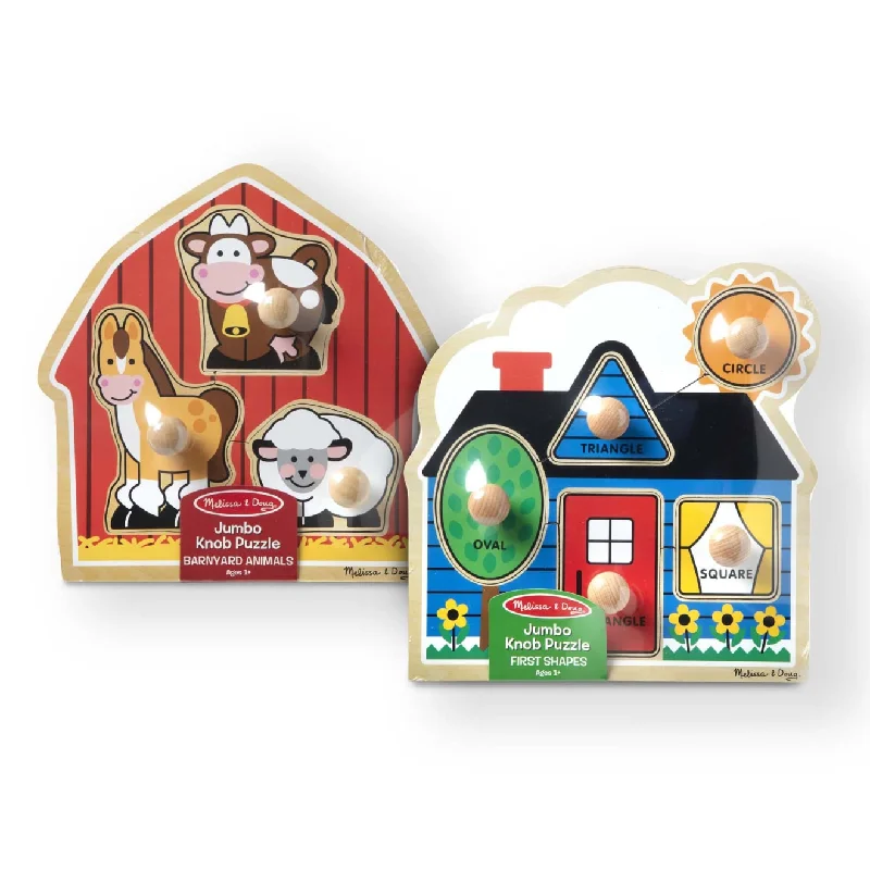 Jumbo Knob Wooden Puzzles Bundle - Shapes and Barn