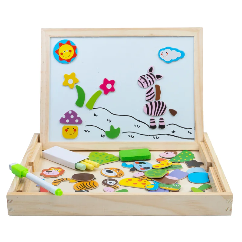 Jungle Safari 2-in-1 Magnetic Board Game | Creativity Multifunctional Wooden Black & White Writing Board | Magnetic Board with 100+ Animal Themed Pieces for Kids Children Boys & Girls