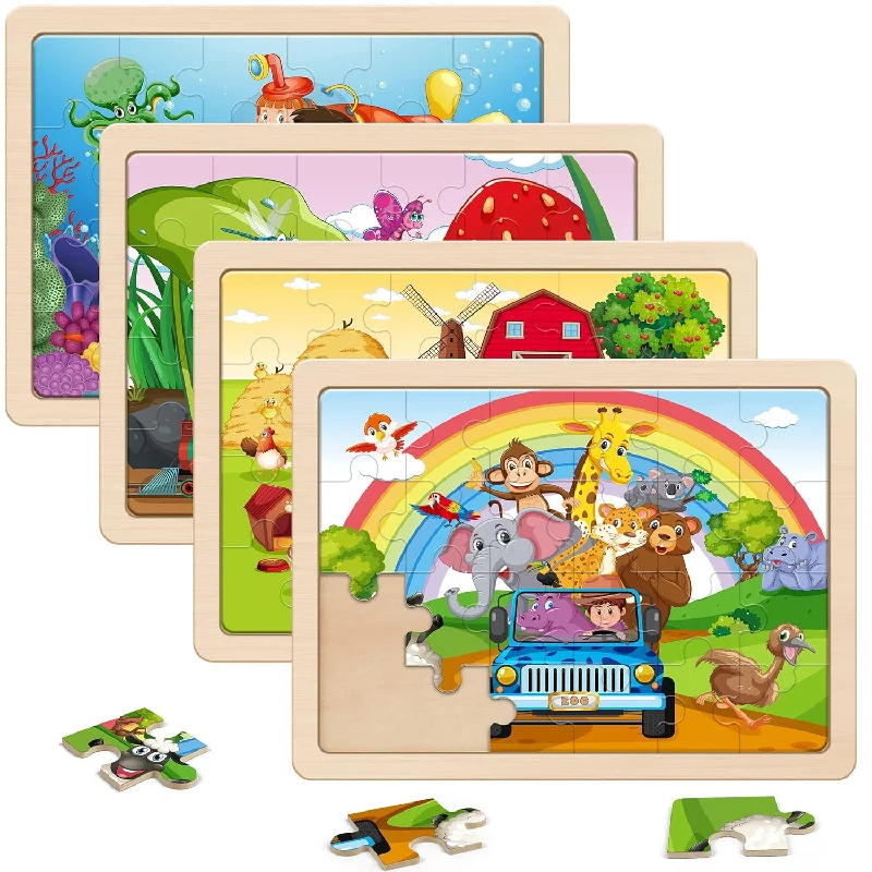 Large Animals Wooden Puzzles For Kids 4 In 1 Gift Box(12.2 9.4 In) Fsc Cert