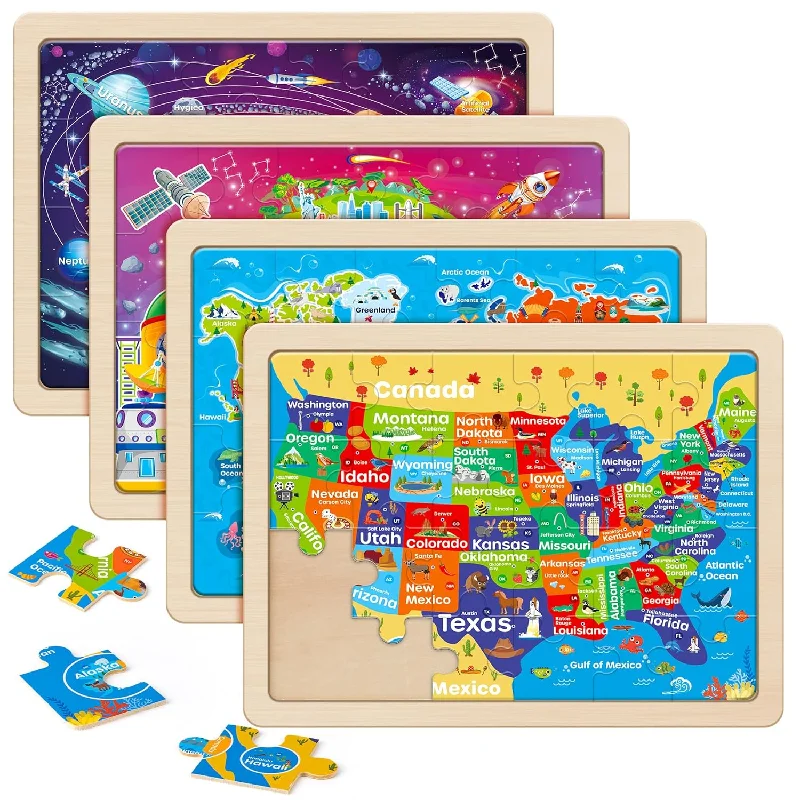 Large Us World Earth Solar System Wooden Puzzles For Kids Gift Box(12.29.4