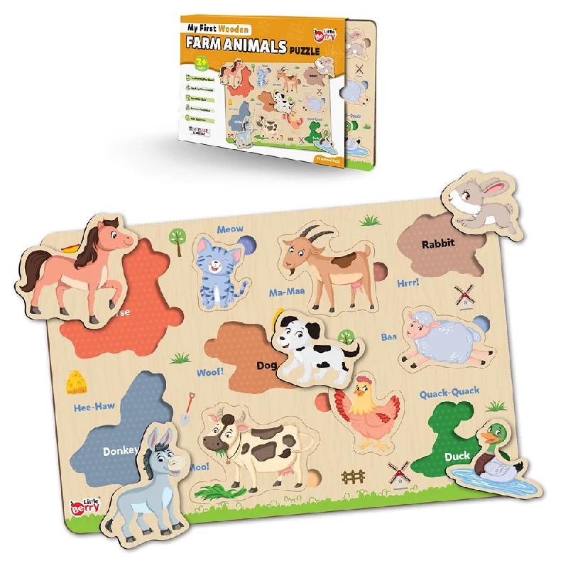 Knob and Peg Farm Anilmals Wooden Puzzle Tray (10 Pegs)