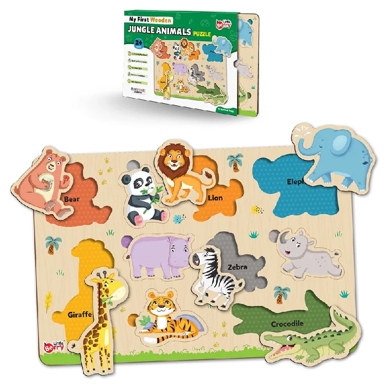 Knob and Peg Jungle Animals Wooden Puzzle Tray (10 Pegs)