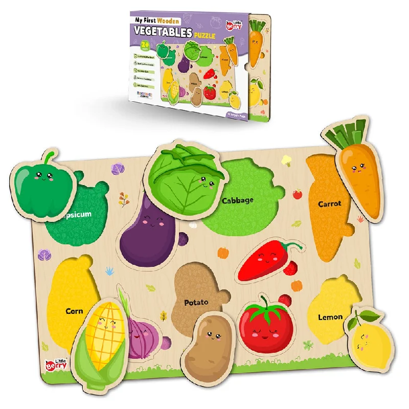 Knob and Peg Vegetables Wooden Puzzle Tray (10 Pegs)