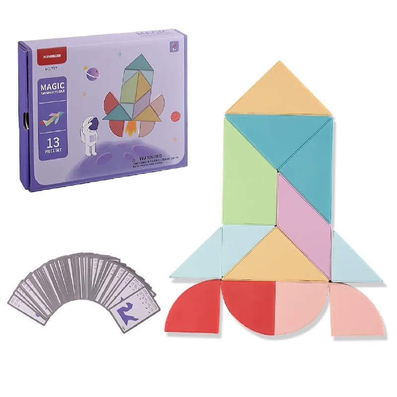 Magic Tangram 13 Pcs With 54 Guide Cards And Multiple Stickers, Magnetic Tangr