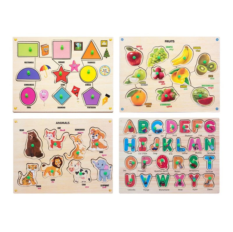 Wooden Puzzle with Knobs Educational and Learning Toy Shapes Fruit Animal & Alphabet - 53 Pieces