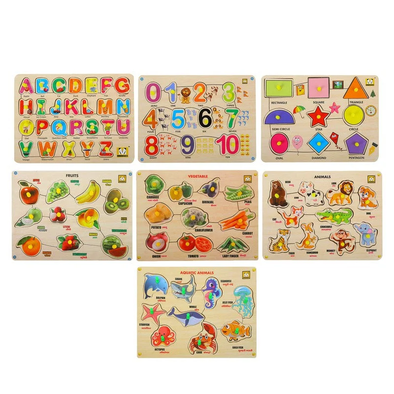 Wooden Puzzle with Knobs - Multicolour Set of 7