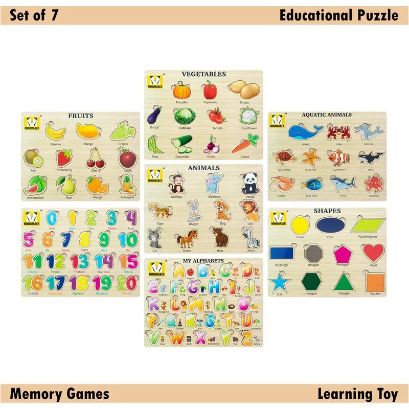 Wooden Puzzle Without Knobs Educational and Learning Toy for Kids (Set of 7 Puzzles)