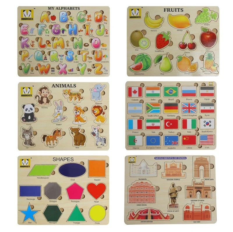 Wooden Puzzles without Knobs Educational Boards for Kids Multicolour - 87 Pieces