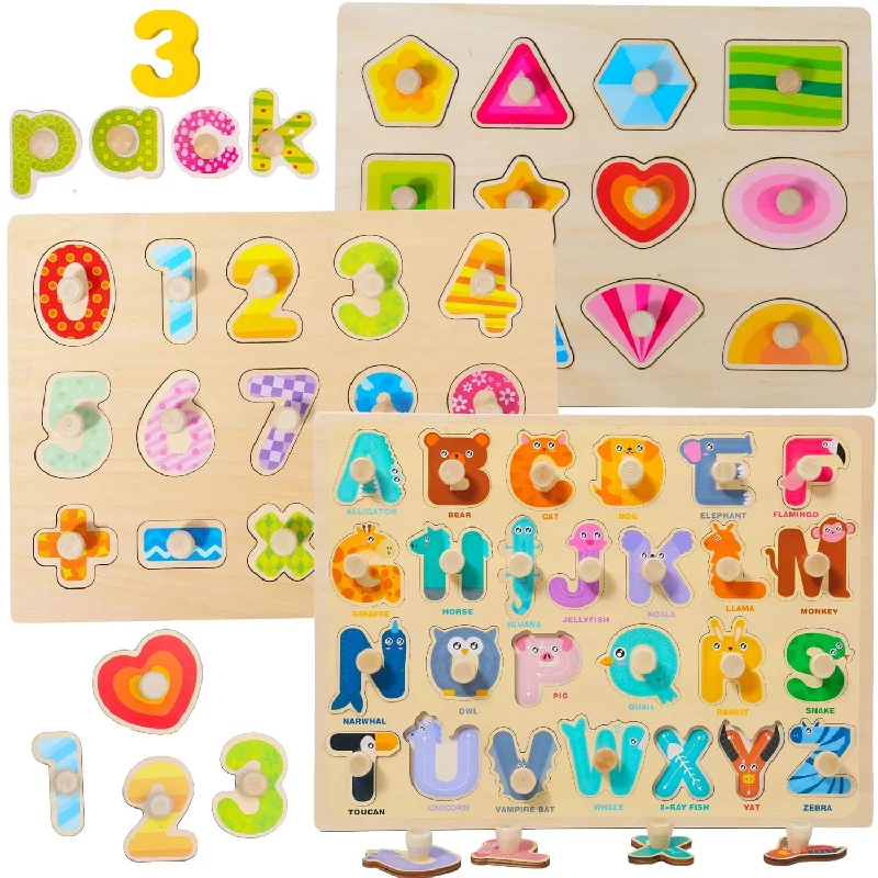 Pegged Wooden Puzzles For Toddlers 3, 3 Pack Toddler Learning Toys For Toddler