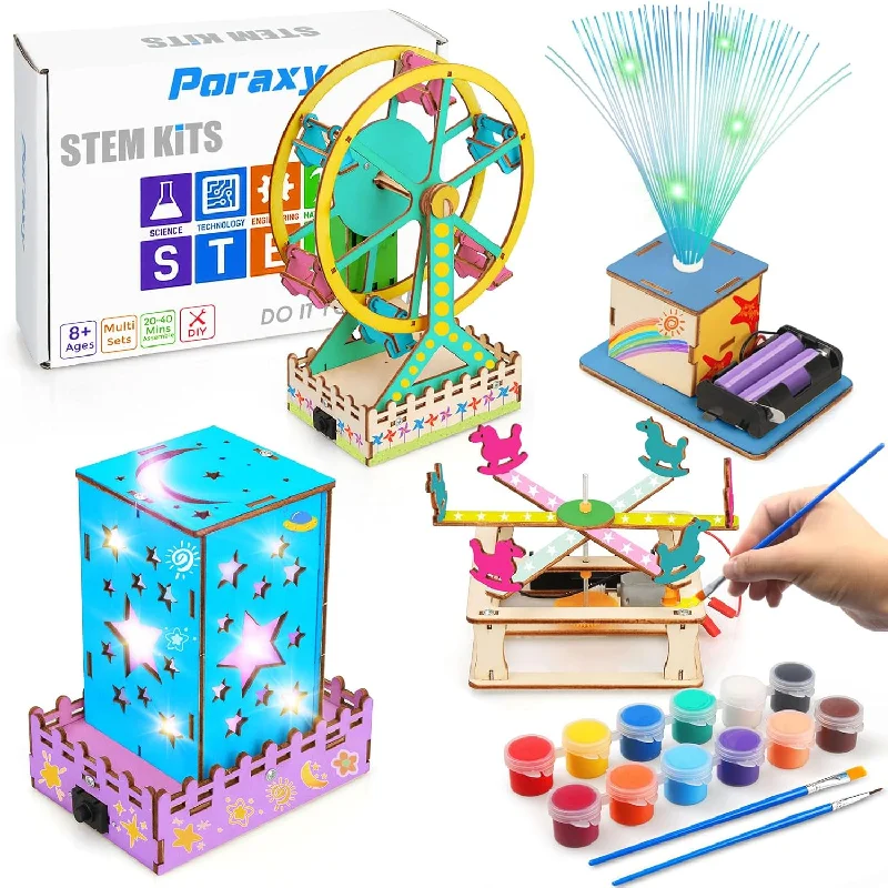 Poraxy 4 in 1 STEM Kits for Kids Ages 5-7 8-10-12, 3D Wooden Puzzles, Scien