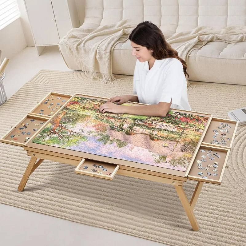 Puzzle Table With 6 Drawers And Legs,1500 Pieces Folding Puzzle Board With