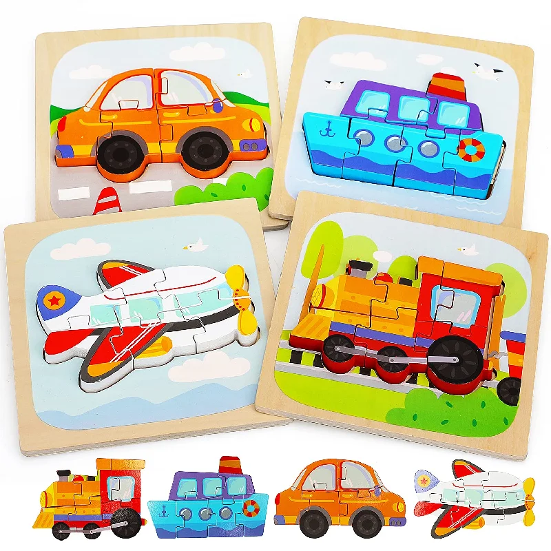 TOY Life 4 Pack Wooden Puzzles for Toddlers - Traffic Shape Montessori Toy