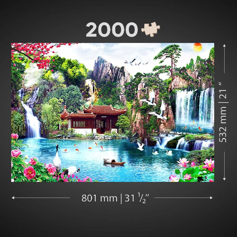 Wooden Jigsaw Puzzle Waterfalls in Japanese Garden 2000 pieces | Serene Nature Scene Puzzle