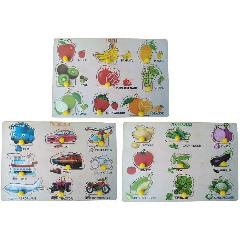 Wooden Puzzle with Knobs Educational and Learning Toy Fruit -  Vegetable and Transport