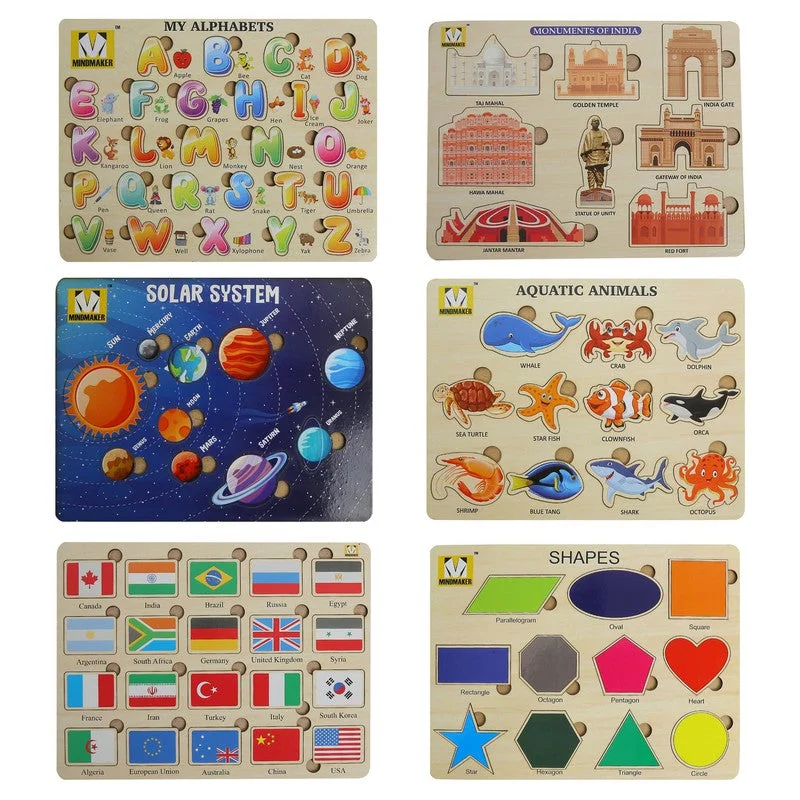 Pack of 6 Wooden Puzzle without Knobs Educational and Learning Toy for Kids Multicolor - 86 Pieces