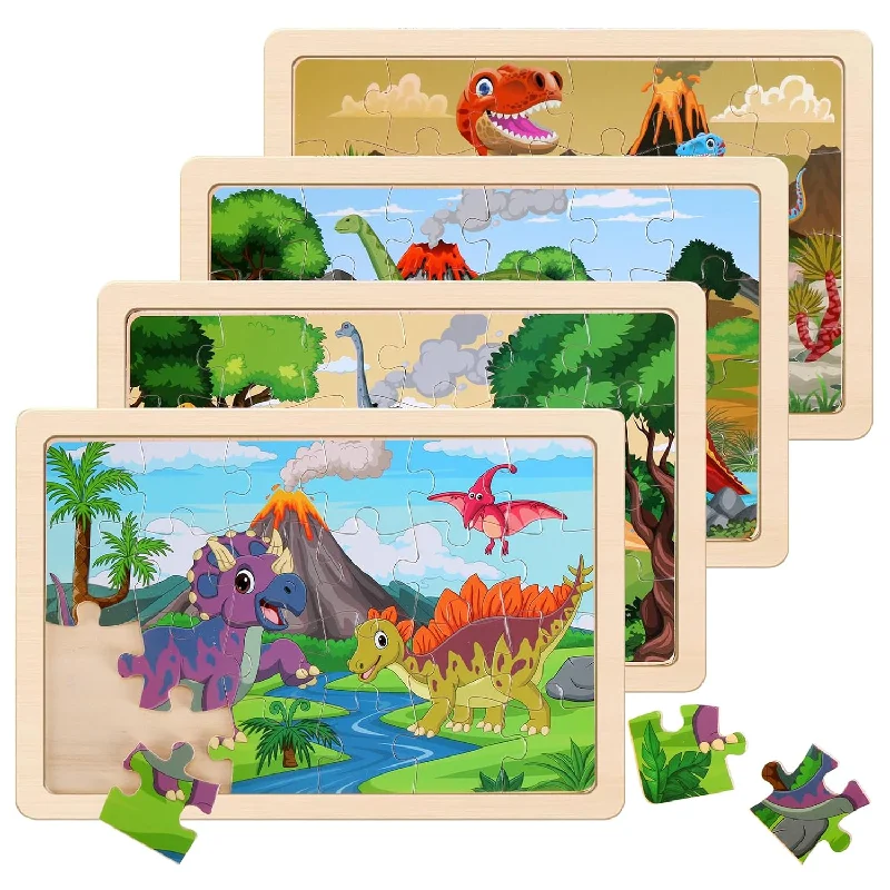 Wooden Puzzles Dinosaur Toys For Kids Ages 3 5, Set Of 4 Packs With 20 Piec