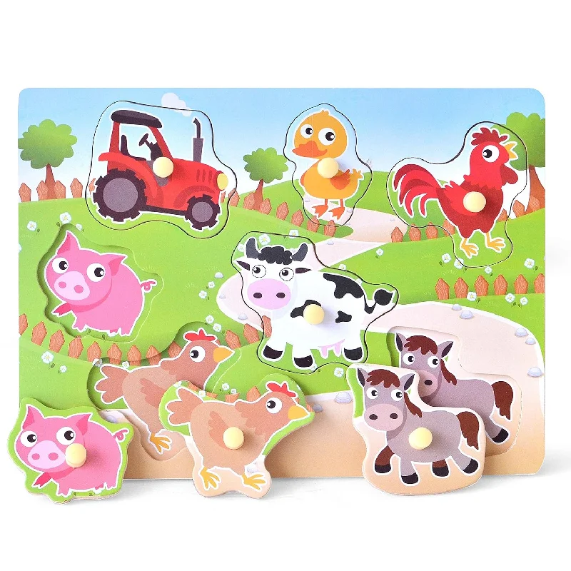 Wooden Puzzles Farm Chunky Baby Puzzles Peg Board, Full Color Pictures For