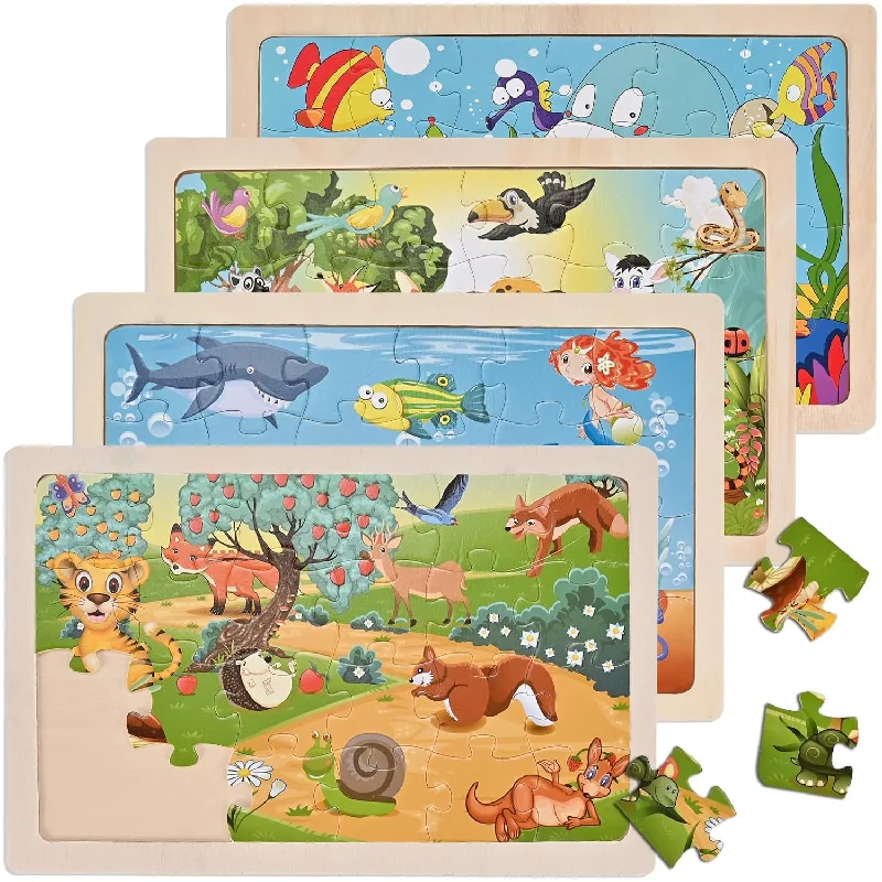 Wooden Puzzles For Kids Ages 3 4 5, 4 Packs 24 Pcs, Sea And Animal Puzzles