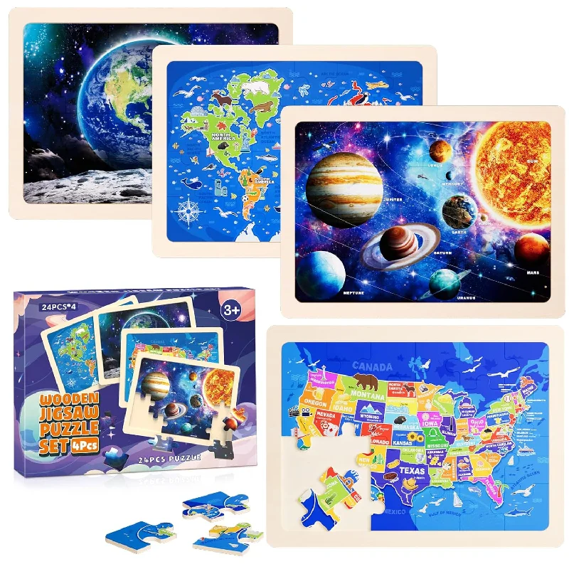 Wooden Puzzles For Kids Ages 4 6,24 Piece Puzzles For Kids Ages 3 5,4 Pack Woo