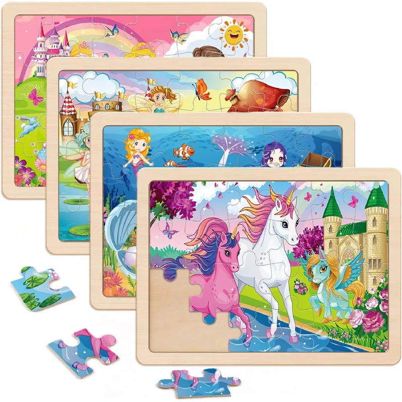 Wooden Puzzles For Kids Ages 4 6, 4 Packs 24 Pcs Unicorn Mermaid Princess F