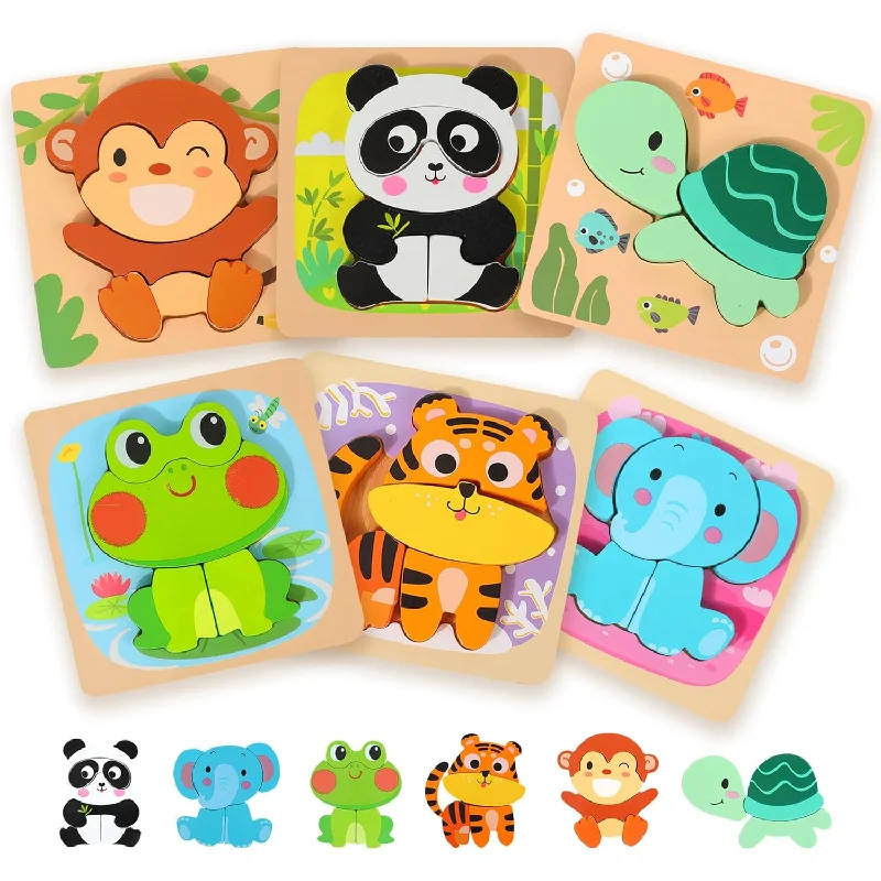 Wooden Puzzles For Toddlers 2 4, 6 Pack Animal Shape Puzzle Montessori Toys