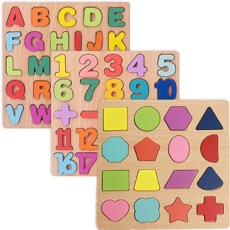 Wooden Puzzles For Toddlers, 3Pack Alphabet Shape Puzzles For Kids 3 Wooden