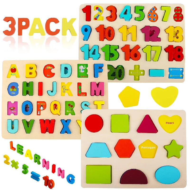 Wooden Puzzles For Toddlers, Alphabet Number Shape Learning Puzzle For Kids