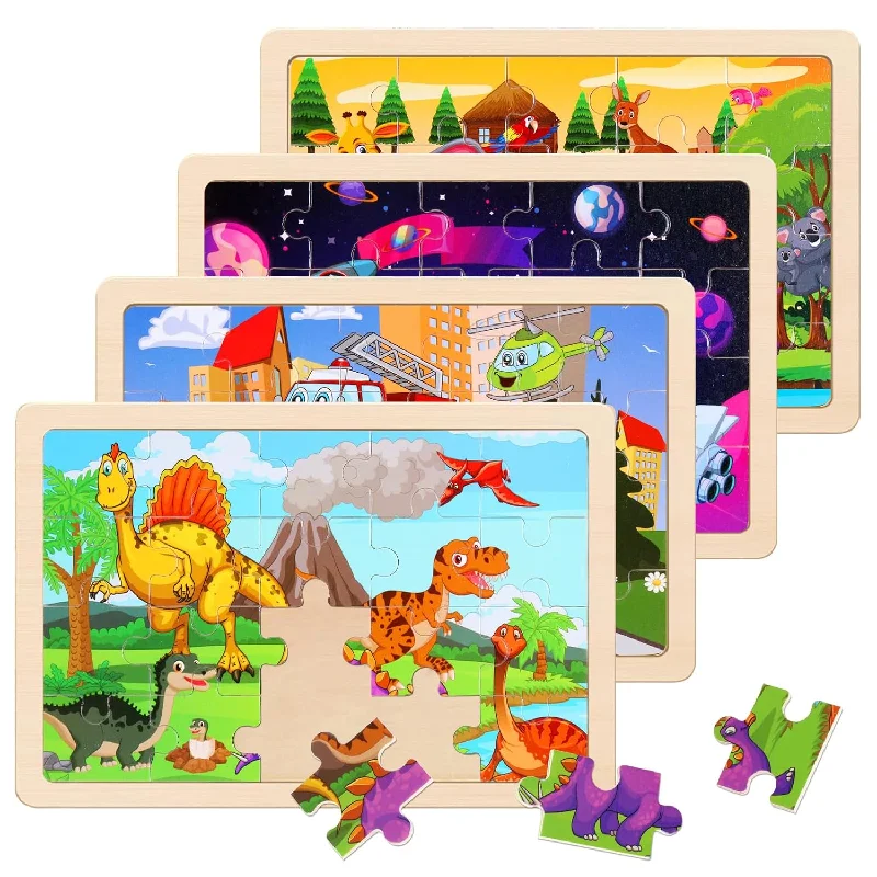 Wooden Puzzles Toys For Kids Ages 3 5, Set Of 4 Packs Dinosaur, Space, Tran