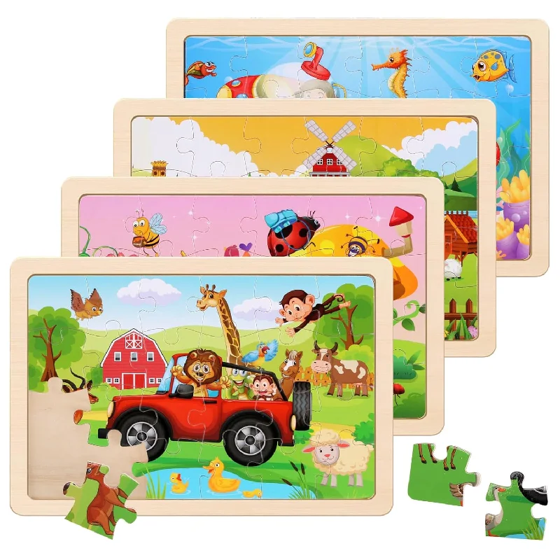 Wooden Puzzles Toys For Kids Ages 3 5, Set Of 4 Packs With 20 Piece Farm, A