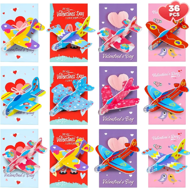 PARTY Life 36 Pcs Valentines Day Gifts for Kids Classroom, Valentines Day Cards with Foam Airplanes for Kids School