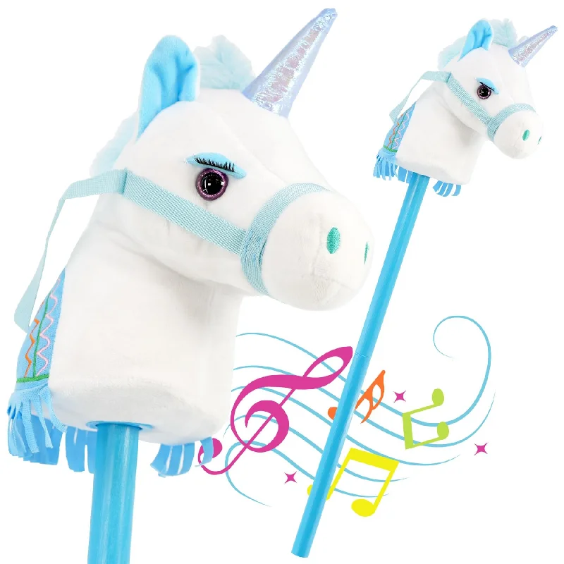 Kids Blue Unicorn Hobby Horse Toy with Sounds